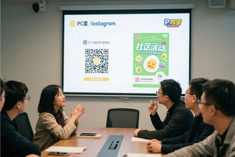 社区成员在会议室中积极交流，屏幕上展示PC蛋蛋社交媒体频道的二维码与活动海报