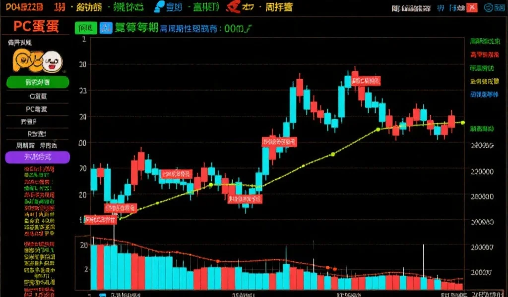 一张PC蛋蛋走势图，标注出周期性重复出现的高点和低点，辅助理解周期模式